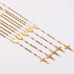Golden stainless steel bead rosary necklaces with crucifix pendants set of five