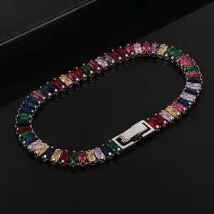 Detail of colorful rectangular zircon stones on a 925 silver plated bracelet band