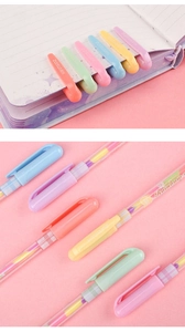 Close-up of six-color rainbow gel pens with gradient ink and macaron colored caps