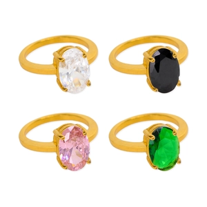Elegant stainless steel rings with colorful oval zircon stones in 4-piece set view