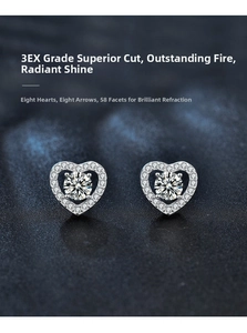 Macro detail of S925 sterling silver heart earrings with 3EX cut moissanite stones