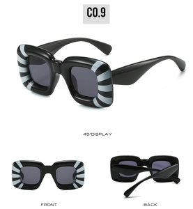 Three-view layout of Y2K square sunglasses with gray radial patterns and thick black frames