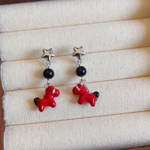 Horse Drop Earrings Vintage Red Enamel Star Stud With Silver Earring Post New Chinese Style Jewelry For Women