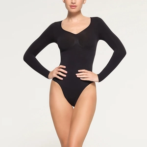 Slim fit black long sleeve bodysuit for women with a deep V-neckline and tight design