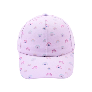 Detail of lavender baseball cap for kids with colorful rainbow prints and curved brim
