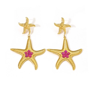 Detailed view of 18K gold plated starfish earrings with pink floral stone settings
