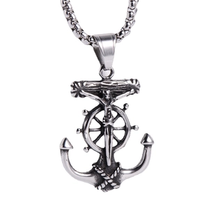 Vintage stainless steel Viking anchor and rudder pendant necklace with a box chain
