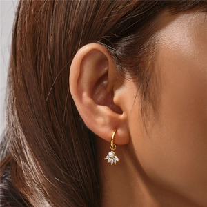 Detailed view of gold 925 silver hoop earrings with marquise pearl and zircon charms
