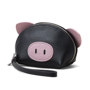 Cute Cartoon Pig Shape Coin Purse Top Grain Cowhide Leather Wallet With Wristlet Strap And Keychain For Women Girls