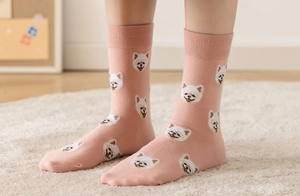 Close-up of pink crew socks featuring white Pomeranian dog patterns on soft fabric