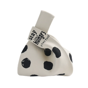 Polka dot knitted tote bag in cream white and black with Stay Hungry embroidery