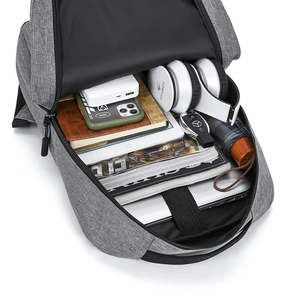 Grey business casual backpack with spacious laptop compartment and organized storage