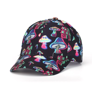 Close-up of black baseball cap with colorful cartoon mushroom pattern and curved brim