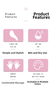 Detail showing dry and wet use, comfortable massage features, and multiple colors available