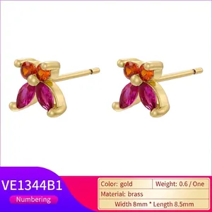Dainty gold brass butterfly stud earrings with colorful stones and 8mm size
