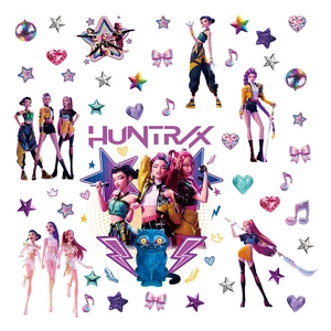 Anime K-pop girl group wall stickers with purple cat and disco ball decorative elements