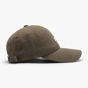 Deep olive green washed cotton baseball cap with white side embroidery and adjustable strap