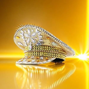 Golden sequin captain hat with rhinestones and metal studs for cosplay performance