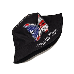 Schwarzer Anglerhut aus Baumwolle mit Puerto Rico Flagge Schmetterlingsdruck und Schrift