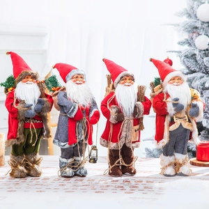 Realistic Santa Claus figurines in various red and grey outfits for Christmas decor