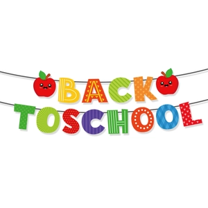 Vibrant Back to School banner with colorful letters and red apple motifs on white background