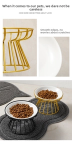 Detail of rounded metal frame and premium white ceramic pet bowl with anti-slip cat mat