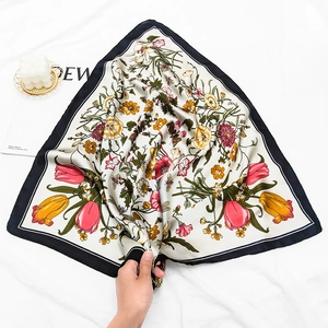 Floral silk square scarf with pink tulips and black borders on cream background