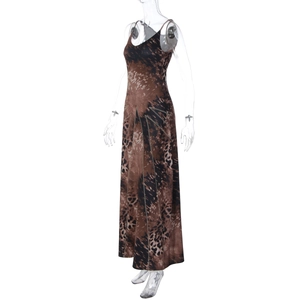 Close-up of leopard print maxi dress with slim fit silhouette and adjustable straps