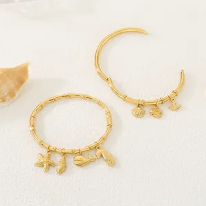 Ocean Charms Bangle Bracelet 18K Gold Plated Stainless Steel Bamboo Texture Starfish Shell Seahorse Nautical Women Jewelry