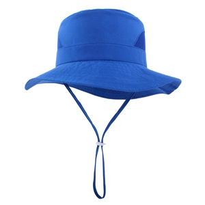 Detail of blue sun hat with breathable mesh side vents and adjustable chin strap