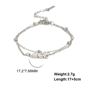 Double-layered stainless steel cat pendant bracelet with gold finish and bead chain