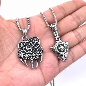 Nordic Viking Celtic knot bear claw and Thor's hammer pendant necklaces for men
