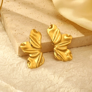 Flower Stud Earrings Irregular Wrinkled Metal Petals Stainless Steel High Polish Geometric Artistic Jewelry For Women
