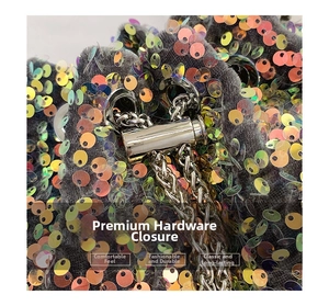 Macro shot of silver metal hardware and colorful sequins on a plush bucket bag