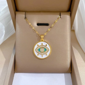 Evil Eye Pendant Necklace Stainless Steel Copper Enamel Zircon Inlaid Gold Chain Elegant Jewelry For Women