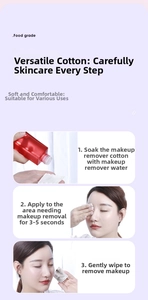 Macro detail of white disposable cotton pads showing 3-step skincare application guide