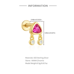 Detailed size chart of a 925 sterling silver earring with pink zirconia stone