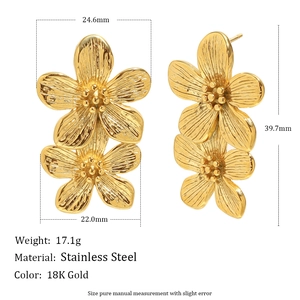 18K gold plated stainless steel double flower earrings with detailed size dimensions