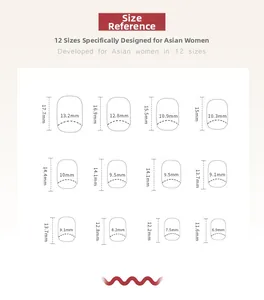 Size chart showing 12 different dimensions for red festive press-on nails in millimeters