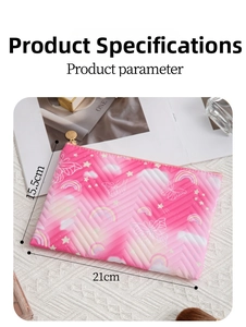 Pink quilted travel makeup bag with cute patterns and dimensions of 21cm x 15.5cm