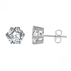 Detail of 8mm round cut cubic zirconia stud earrings in 925 sterling silver with six-prong setting