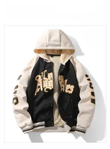 Detail view of thickened beige faux shearling lining and Los Angeles print on jacket