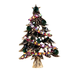 Sparkling Christmas tree brooch with emerald green and iridescent rhinestones in gold