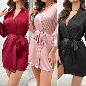 Women Satin Robe Imitation Satin Bathrobe V Neck Tie Waist Nightgown Sleepwear Loungewear For Bridal Party Home Spa