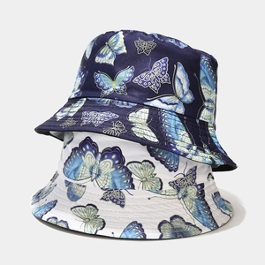Butterfly Print Reversible Bucket Hat Cotton Canvas Foldable Sun Protection Summer Travel Casual Fisherman Hat For Women