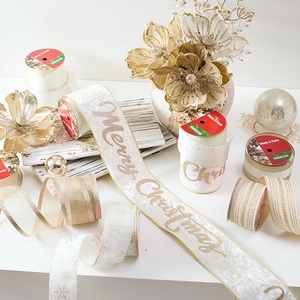 Christmas Decorative Ribbon Champagne Gold Velvet Satin Glitter Merry Christmas Pattern For Gift Wrapping Tree Decor Elegant