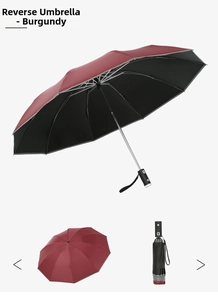 Detail view of jujube red automatic inverted umbrella with dual-layer fabric and black handle
