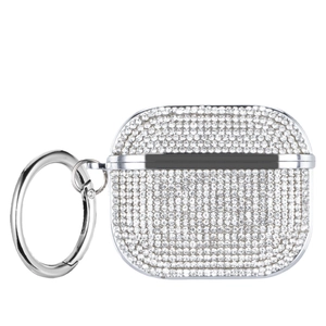 Sparkling crystal case for AirPods Pro 2 with silver rhinestones and metal carabiner hook
