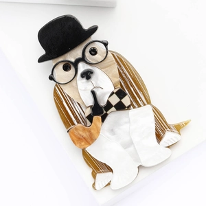 Artistic acrylic smoking dog brooch with marble texture and gentleman hat design