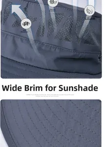 Detail showing the breathable mesh side panel and wide brim of the sun protection hat